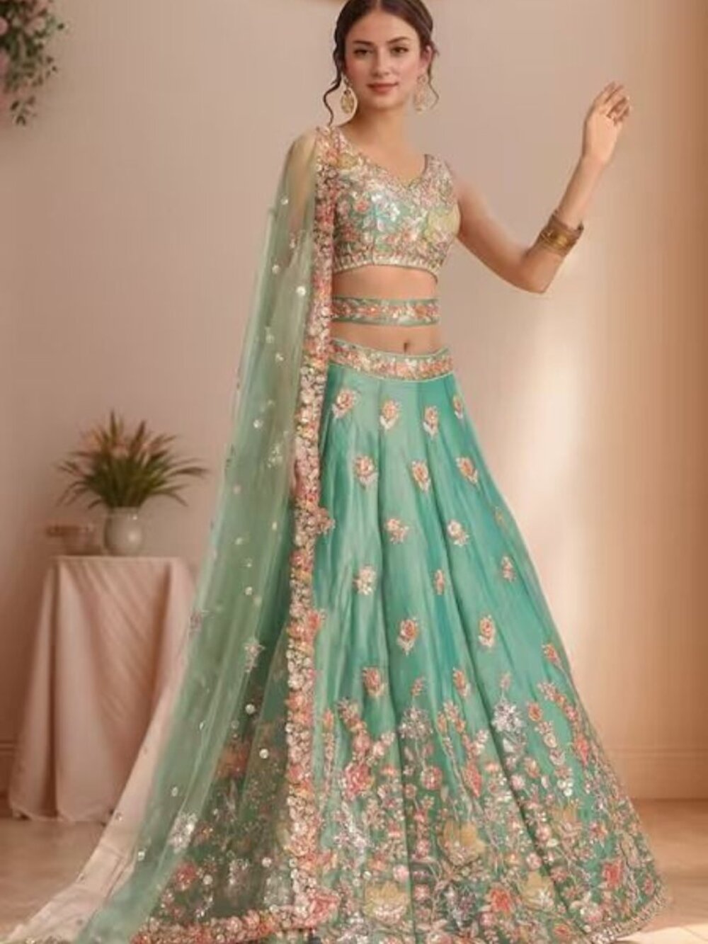 Samyukta Singhania Green Lehenga Set – Organza, Embroidery & Sequins